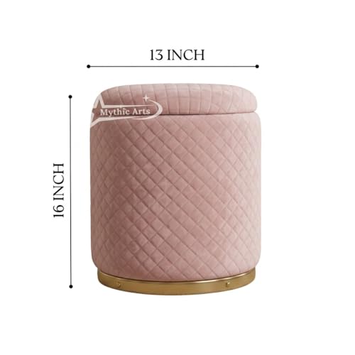 Image of Premium Round Storage Ottoman Stool 13 X 13X 16 inch, with Gold Metal Base | Luxury Pouffe with Hidden Storage | Cushioned Footrest for Living Room, Bedroom & Lounge Pink