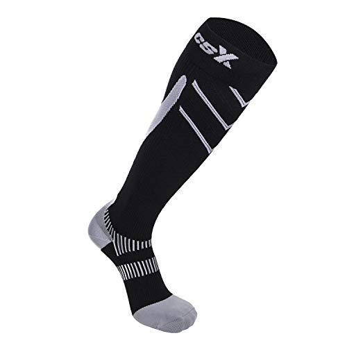 Image of CSX 20-30 mmHg Compression Socks for Men and Women, Knee High, Recovery Support, Athletic Sport Fit, Silver on Black, Medium