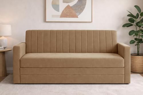 Image of Sofa-Cum-Bed | Three Seater Foldable Sofa Bed Couch with Armrest | Velvet Fabric Sofa for Living Room, Bedroom & Office- Golden Color