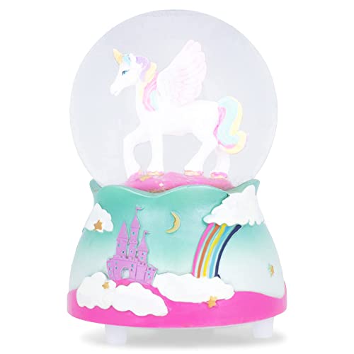 Elanze Designs Flying Rainbow Unicorn 80MM Sturdy Wind Up Musical Glitter Water Snow Globe Tabletop Dresser Nightstand Figurine Decoration Plays Tune The Unicorn