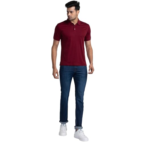 Image of Raymond Men's Mid Rise Cotton Blend Solid Pattern Slim Fit Flat Front Jeans