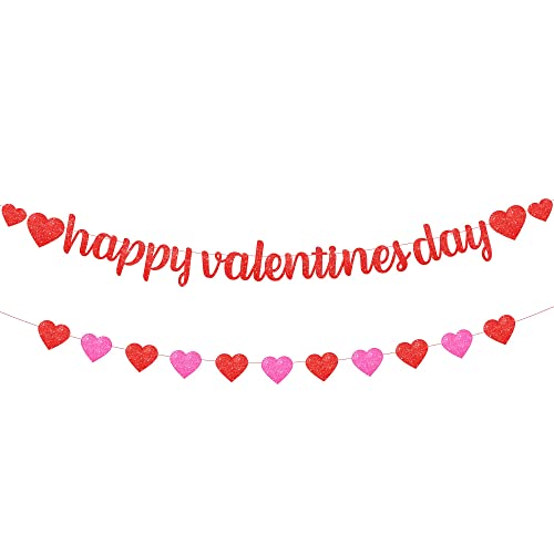 Image of FestikoGlitter, Happy Valentines Day Banner - 10 Feet | Red Glitter Valentines Garland for Valentines Day Decoration | Valentines Day Heart Garland for Valentines Decorations | Valentines