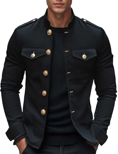 Men's Vintage Cotton Lapel Jacket Casual Solid Stand Collar Button Blazer for Business Casual Fall (S-3XL)