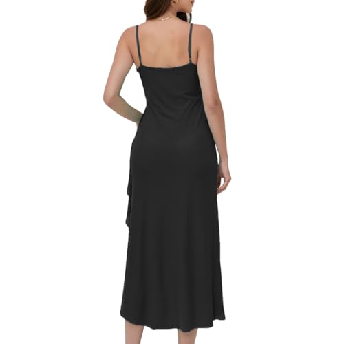 Image of Women's Spaghetti Strap Ruffle Side Split Long Dress Bodycon Beach Maxi Dresses