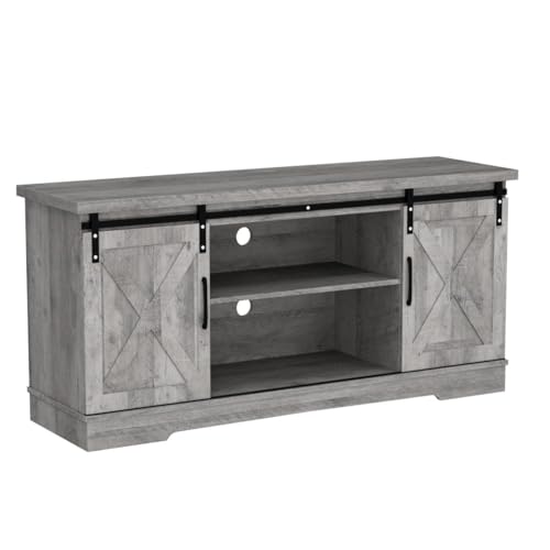 Amyove Farmhouse Stand for 65 Inch TV, Entertainment Center TV Media Console Table, Tall Stand with Storage, Barn Doors and Shelves, Grey Modern Cabinet Furniture for Living Room