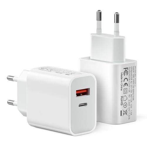 [2 Unidades] Cargador USB C, Fuente de alimentación de 20 W de 2 Puertos Compatible con 11/12/13/SE/14/15/16 Pro MAX, USB A+C PD3.0, Cargador rápido, Adaptador de Carga Tipo C (sin Cable de Carga)