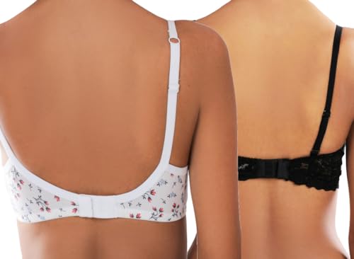 Image of Full Coverage Cotton Printed White & Laced Black Bra Combo of 2 | Pack of 2