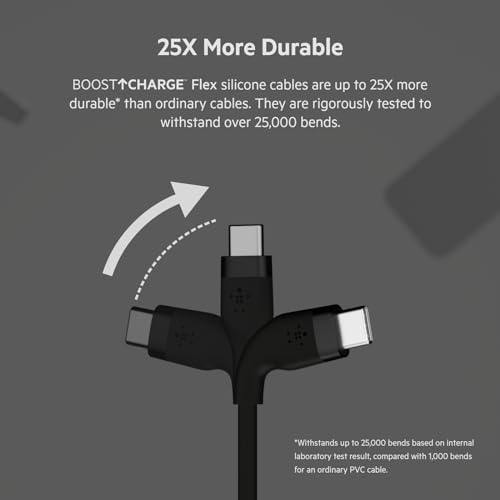 Image of Belkin BoostCharge Flex Silicone USB-C to USB-C Charging Cable (1M /3.3FT) for iPhone 16, iPhone 16 Pro, Galaxy S25, S24, Pixel 9 & 8, Nintendo Switch 2 & More with Cable Clip - Black