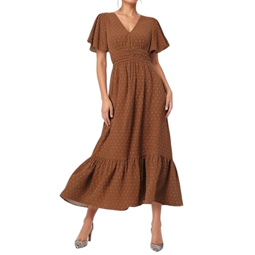 Robe longue festive de cocktail chic avec col en V et jupe fluide évasée