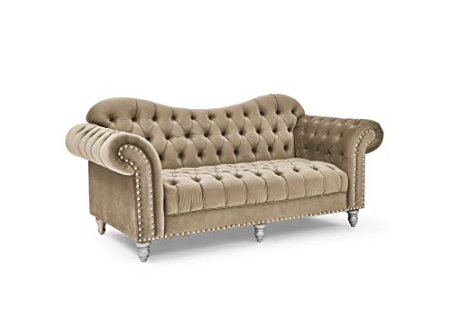 Deco In Paris Canapé 3 Places Chesterfield courbé en Velours Beige et Pieds en métal argenté - Rachel