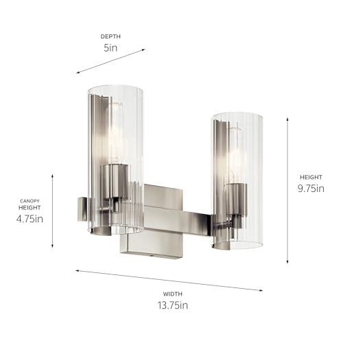Image of Kichler Jemsa 2-Light Bathroom Vanity Light Fixture with Clear Fluted Glass in Brushed Nickel for Modern Bathroom or Powder Room Over Mirror (9.75 inch x 13.75 inch), 55167NI