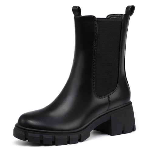 IDIFU IN2 Chelsea Ankle Boots for Women Low Short Block Chunky Heel Mid Calf Slip On Lug Sole Platform Fall Dress Booties Ladies Fashion Comfortable Casual Cute Trendy Elastic Thick Boots