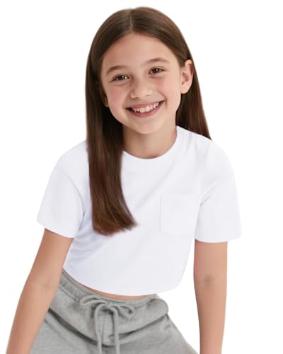 KEREDA Girls Short Sleeve Shirts Crop Tops Crewneck Summer Basic Tees for Kids with Pocket3