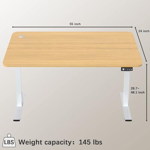 Furmax Electric Height Adjustable Standing Desk Large 55 x 24 Inches Sit Stand up Desk Home Office Computer Desk Memory Preset with T-Shaped Metal Bracket, Light Wood