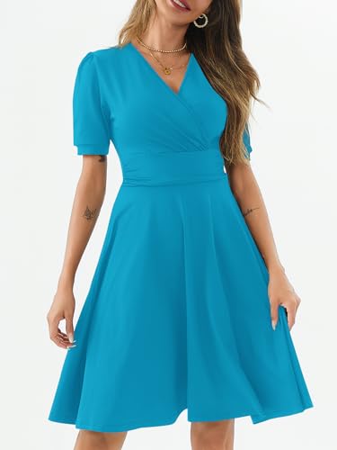 Image of Women's Summer Casual Dress Short Sleeve Wrap V-Neck A-Line Dress Sundress Wedding Guest Cocktail Midi Dresses