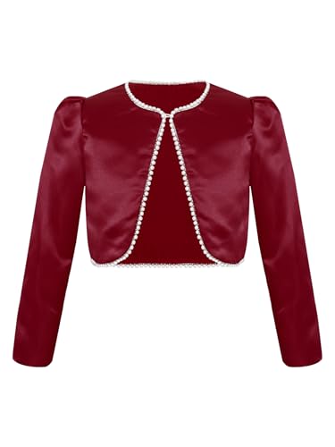 Sywiyi Kids Satin Long Sleeve Bolero Faux Pearl Trim Girls Shrug Flower Girl Dress Coat Jacket Cardigan