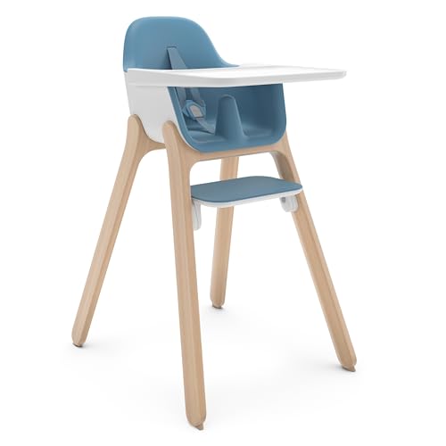 Image of UPPAbaby Ciro High Chair/Sleek, Easy-to-Clean Design/Perfect-Fit Tray to Bring Baby to Table/Patent-Pending Harness/Dual-Position, 180-Degree Rotating Footrest/Caleb (Steel Blue/Rubberwood)