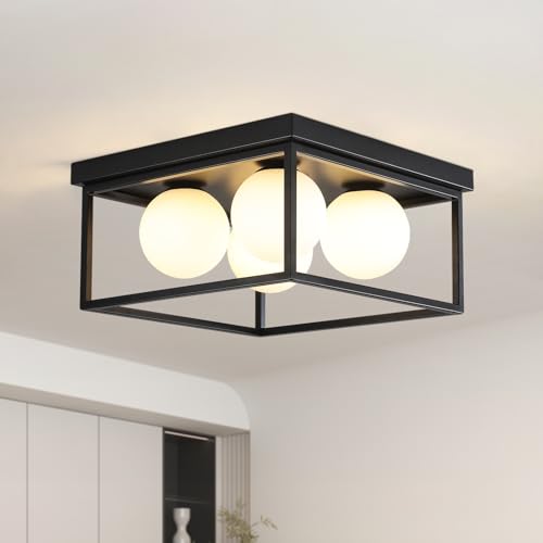 Image of Flush Mount Ceiling Light, 12.6 inch Close to Ceiling Light Fixtures with Globe Glass Shade, 4-Light Black Ceiling Light Fixture for Bedroom Kitchen Hallway Living Room Dining Room Entryway