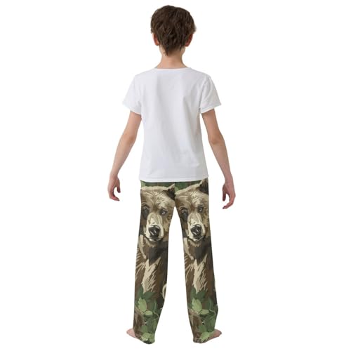 Brown Bear and Leaf Boys Long Pants Soft Trousers Elastic Waist Kids Lounge Bottoms with Pockets S-XL3