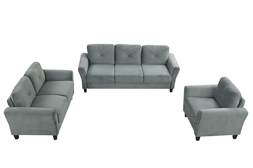 Harper & Bright Designs 3-Piece Living Room Sectional Sofa Set, Modern Style Gray Velvet Upholstered Armchair Loveseat Sofa and 3-Seat Sofa Set Sectional Couch