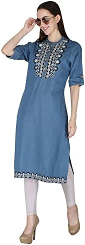 HI-FASHION Embroidered Denim Kurti For Women || Indian Tunic Top Patch Work Denim Straight Kurta For Women's And Girls