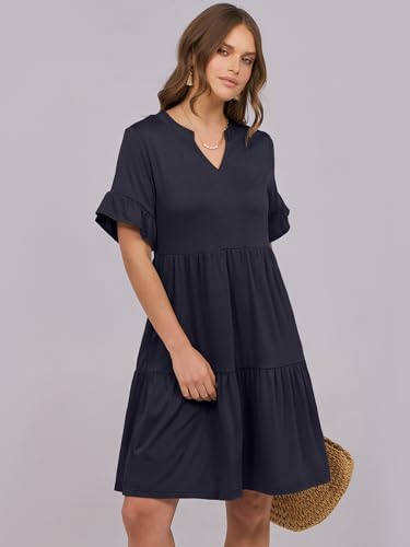 Image of ANRABESS Women's Summer Casual Dress, V-Neck Ruffle Sleeve Tiered Mini Dress, Soft Comfy Fabric with Pockets for All-Day Wear