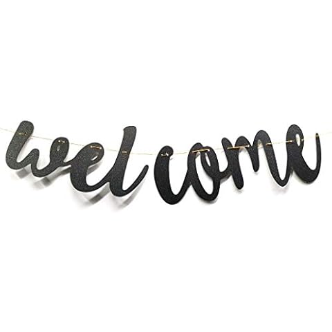 Welcome Black Glitter Vintage Party Banner Wedding Birthday Bunting House Home Classroom Decorations Garland Photo Props Back to School Party Supplies Cover