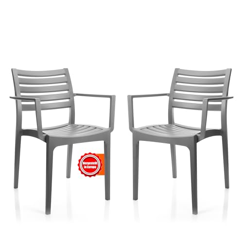 BigDean 2X Gartenstuhl stapelbar mit Armlehne Grau stapelbare Outdoor Stühle bis 160kg wetterfester Essstuhl – Made in Europe