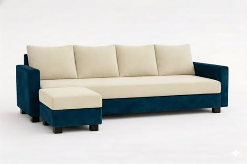 Image of SOCOZI Braven 5 Seater L Shape Sofa Set with Movable Ottoman | Flexible Layout | Soft Velvet Suede Fabric | Modern Design | Plush Comfort Cushions for Living Room (Green Teal-Cream)