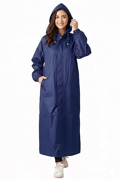 Image of Women's Waterproof Rain Coat, Blue, Full Length, Polyester, Adjustable Hood, Side Pockets, Free Size