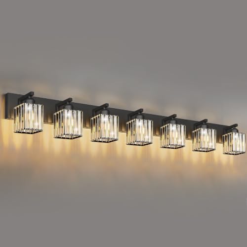 Image of Black Crystal Bathroom Vanity Light, 7-Light Modern Bathroom Lighting Fixtures Over Mirror, Matte Black Wall Sconce with Square Shade