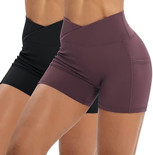 Workout Shorts for Women 2 Pcs Pack Cross Waist Active Gym Spandex Stretchy Yoga Compression with Side Pockets Black+Burgundy-S