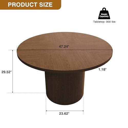 47 Inch Round Dining Table, Farmhouse Fluted Dining Kitchen Table, Modern Wood Small Circle Dining Table for Kitchen Living Room, Walnut - Thumbnail 2