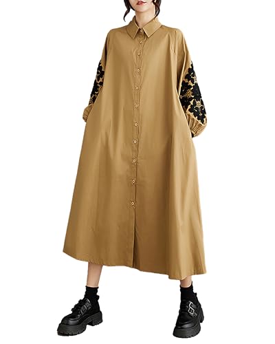 Image of ellazhu Womens Fall Casual Patchwork Funky Long Sleeve Designer Dress Loose Blouse GY2787 A
