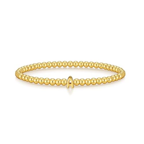 Wowshow Gold Bracelets for Women, 18K Gold Plated Stretch Initial Beaded Bracelets with A-Z Letter Charm Jewelry Gifts for Mother’s Day Valentines Christmas