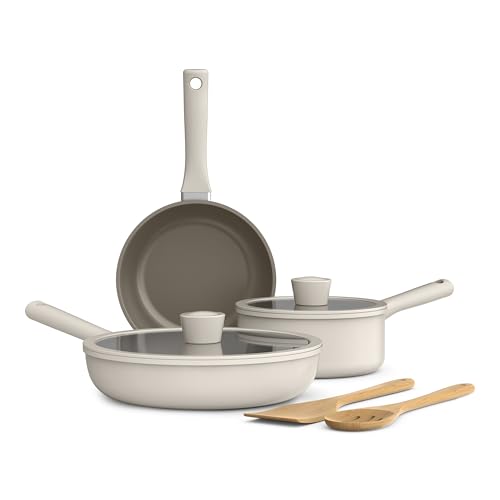 Image of bella 7 Piece Cookware Set with EverGood Ceramic Nonstick Coating, Dishwasher Safe Oven Safe, All Stovetops Compatible, Glass Lids with Silicone Rims, Cool Touch Handles, Oatmilk