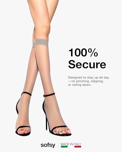 Image of sofsy Italian-Made Soft Fishnet Stockings for Women | 10-Year Hosiery Craftsmanship, Soft Dual Silicone Lace Top, Thigh Highs, Small Grid, Dig-Free, Stretchy