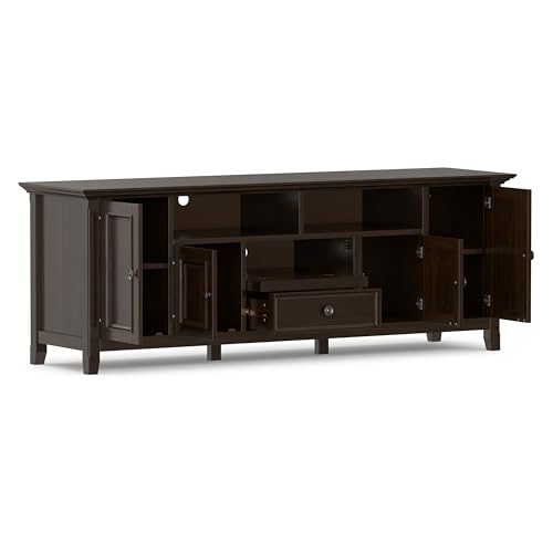 Image of SIMPLIHOME Amherst 72 inch Wide Solid Wood TV Stand in Brunette Brown