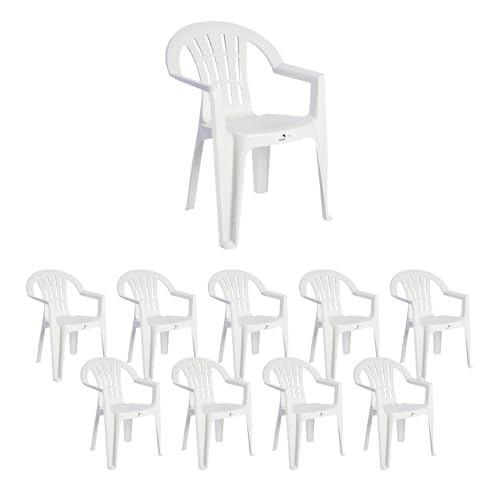 Solycarpa Pack 10 Silla Jardín para Exterior de Plástico Apilable Blanca con Reposabrazos | para Jardín, Terraza, Playa y Camping | Silla Ergonómica de PVC, Cómoda y Resistente.