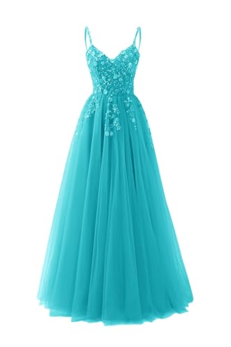 Lace Applique Tulle Prom Dresses 2025 Sparkly Spaghetti Straps Puffy A-line Long Ball Gowns for Women