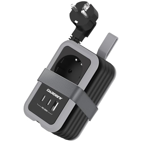 Regleta de enchufes con 2 USB C PD 20 W de viaje, regleta de enchufes portátil 3 USB con protección contra sobretensiones, 3680 W, 16 A, enchufe de distribución con cable integrado de 1,5 m, para
