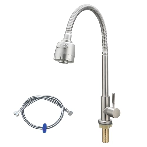Cold Water Only Faucet Bendable Flexible Neck Kitchen Sink Faucet with Sprayer Aerator Lead-Free Single Handle SUS304 Stainless Steel Deck Mount Sink Bar Tap with One 80CM Long Hose | Brushed Nickel