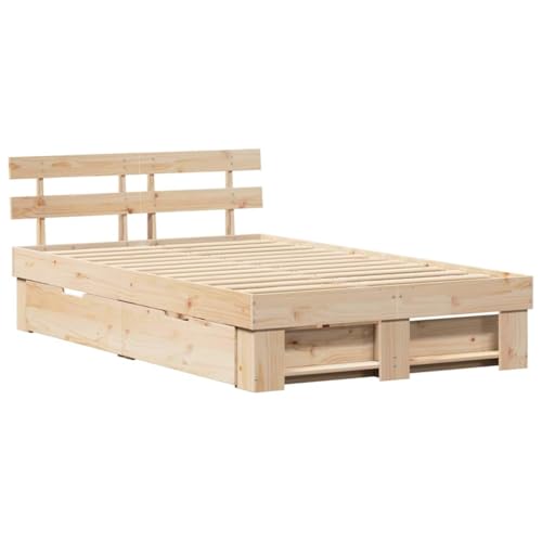 vidaXL Estructura de Cama Marrón 135 x 190 cm Madera de Pino Macizo, Cama Rectangular de Madera Moderna, diseño Chic con Amplio Almacenamiento, estética Minimalista