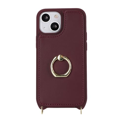 Image of for iPhone 13 Mini Case with Card Holder and Strap for Women,Crossbody Lanyard,Kickstand Ring Stand,Snap Clasp,RFID Blocking,Phone Wallet Cases 5.4 inch(Wine Red)