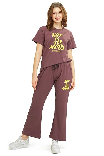 Image of ZEYO Women's Cotton Typography Wide Bottom Night Suit Set of Top & Pyjama