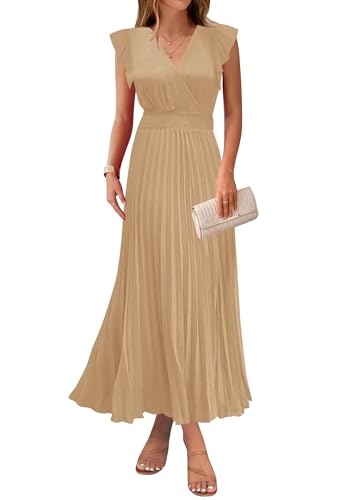 Image of KIRUNDO Women's Summer Maxi Dresses Elegant V Neck Ruffle Flutter Sleeves Empire Waist Pleated Flowy Wedding Guest Dress