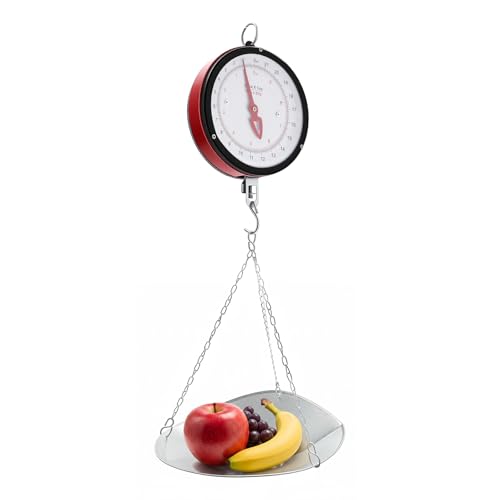 Báscula Colgante Mecánica con Dial Doble, Capacidad 22 lb/10 kg, con Cadena y Bandeja, Balanzas Mecanicas para Cocina, Granja, Rojo