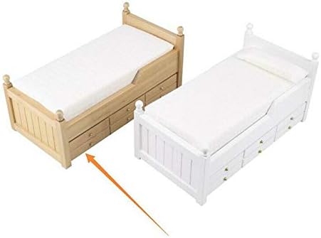 EatingBiting 1:12 Furniture Wooden Wood Color Trundle Wooden Bed Miniature Bed with Bedding and Decorative Pillow Pull-Out Type image 3