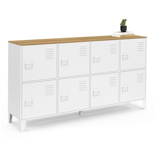 IDMarket - Buffet casier 139 cm Ester 8 Portes en métal Blanc Plateau Bois Design Industriel