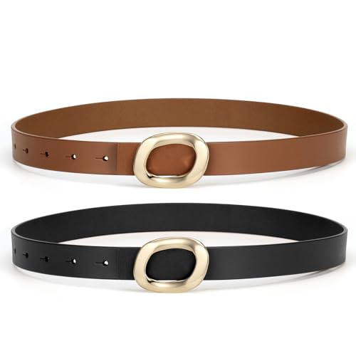 Womens Belt Leather Skinny Thin Waist Belt with Gold Oval Buckle for Dress Pants